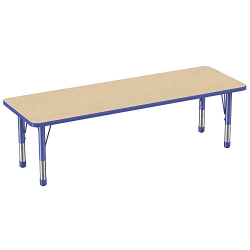Factory Direct Partners FDP 矩形活动学校和教室儿童桌（24 x 72 英寸），幼儿腿，可调节桌子高度 15-24 英寸 - 枫木桌面和蓝色边缘