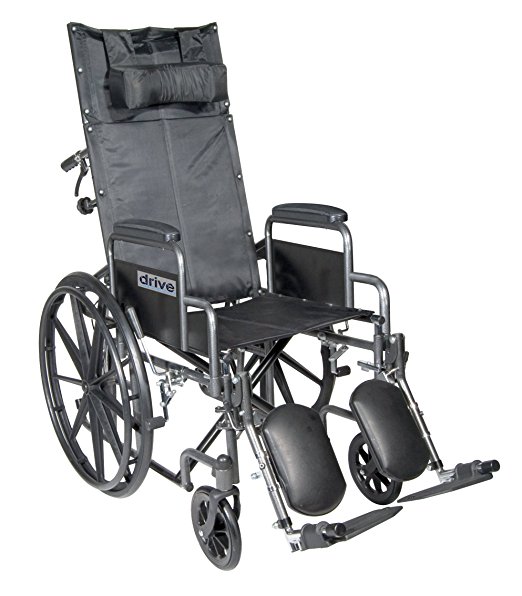 Drive Medical 银色运动斜躺式轮椅，具有可拆卸的桌长臂和可升降的搁脚架，银色静脉，18英寸...