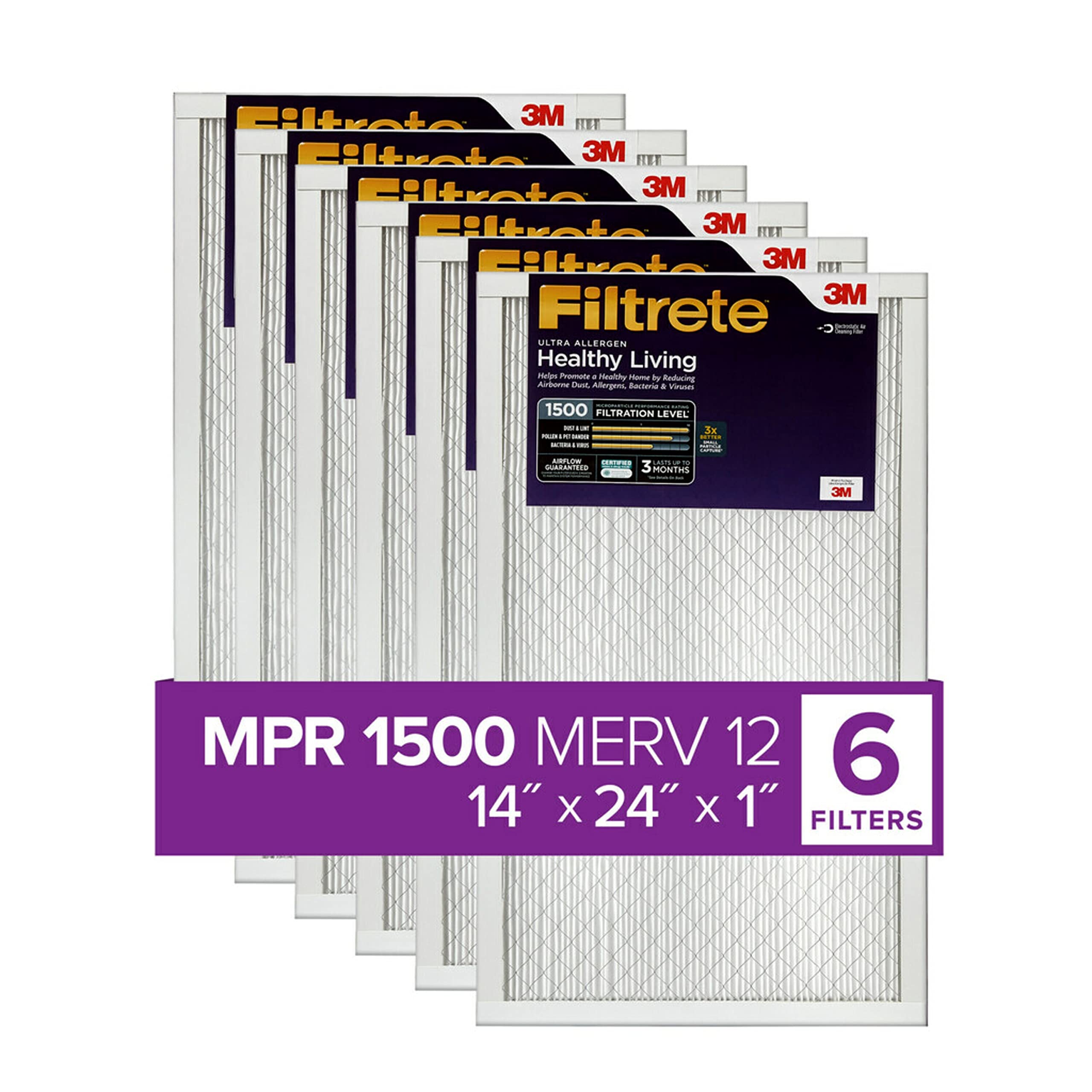 Filtrete 14x24x1 空气过滤器，MPR 1500，MERV 12，健康生活超过敏原 3 个月褶式 1 英寸空气过滤器，6 个过滤器