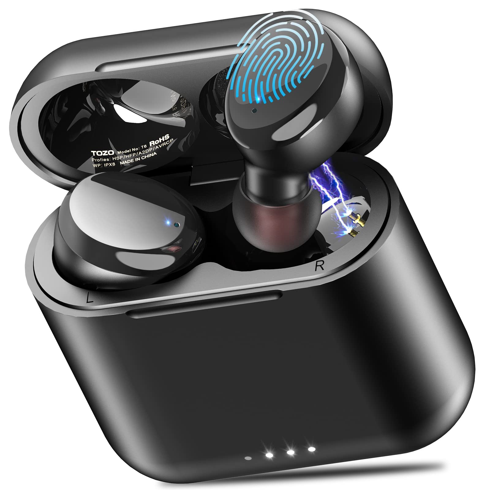 TOZO T6 真无线耳塞式蓝牙 5.3 耳机触摸控制带无线充电盒 IPX8 防水立体声耳机入耳式内置麦克风耳机优质深沉低音适合运动黑色