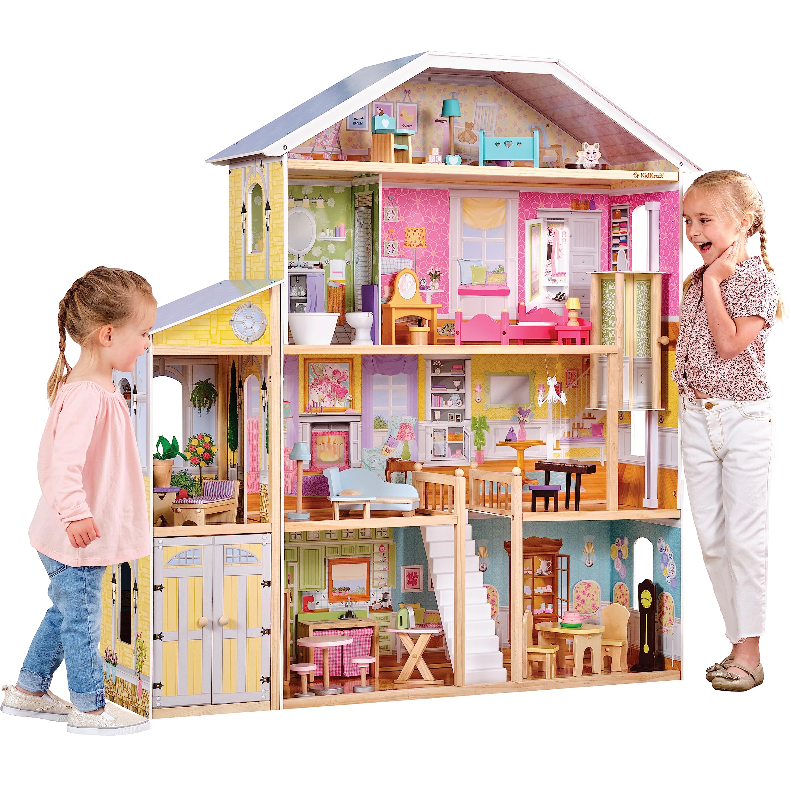 KidKraft Majestic Mansion 木制玩具屋，配有 34 件配件、工作电梯和车库，适合 3 ...
