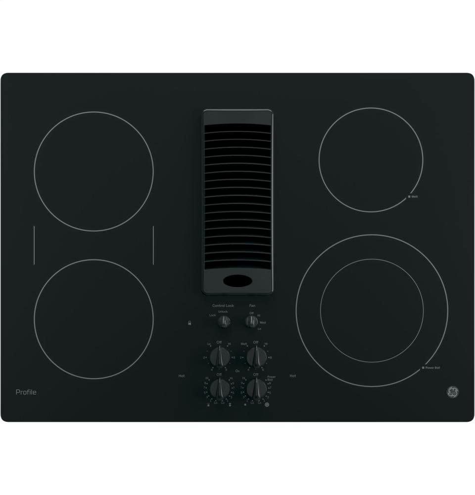 GE PP9830DJBB Profile Series Electric Cooktop with 4 Burners and 3-Speed Downdraft Exhaust System, 30