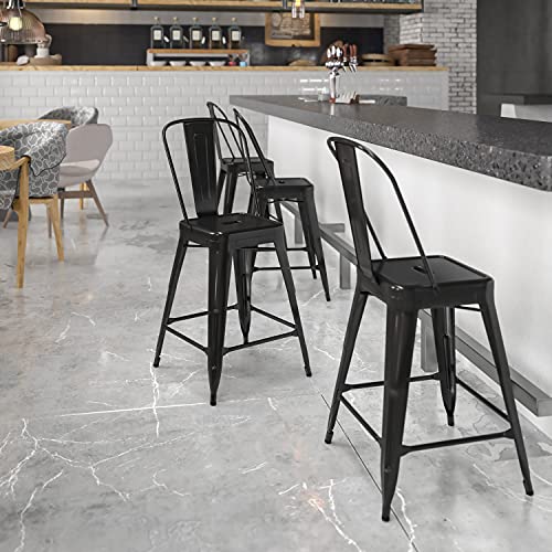 Flash Furniture 商业级 4 件装 24 英寸高黑色金属室内外柜台高凳，带可拆卸靠背