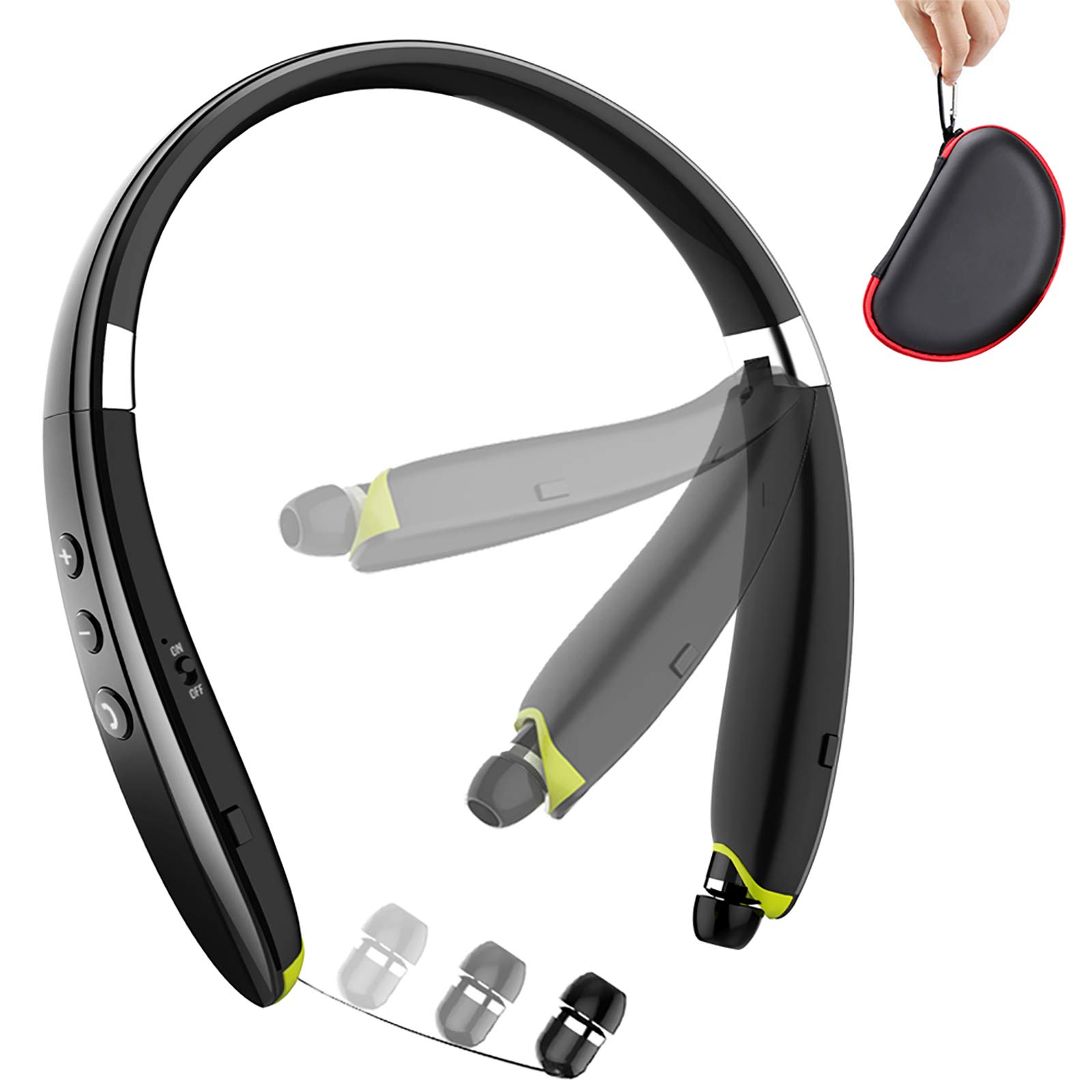 BEARTWO 蓝牙耳机、升级版可折叠无线颈带式耳机（带可伸缩耳塞）、带麦克风的降噪立体声耳机，适用于锻炼、跑步、驾驶（带便携包）
