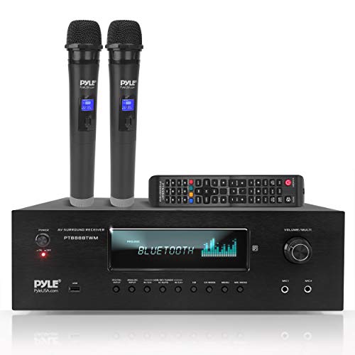 Pyle 1000W 蓝牙家庭影院卡拉 OK 接收器 - 5.2 通道立体声放大器 2 UHF 无线麦克风视频直通支持，MP3/USB/HDMI/AM/FM 收音机，黑色