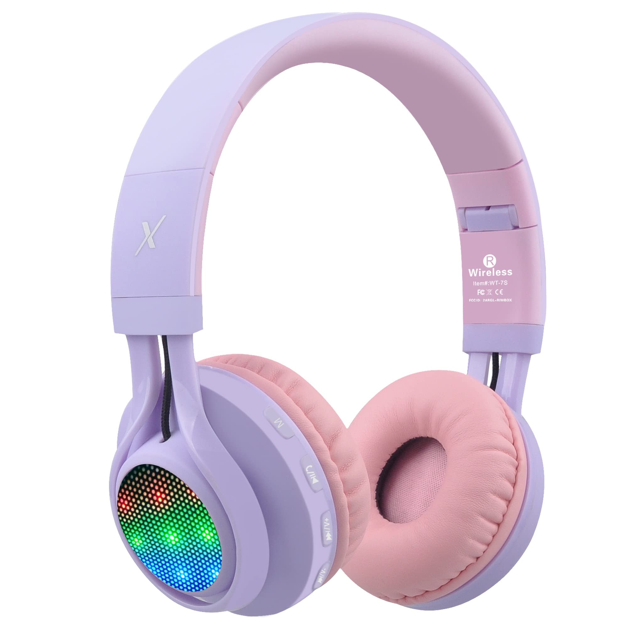 Riwbox WT-7S 蓝牙耳机发光可折叠立体声无线耳机带麦克风和音量控制适用于 PC/手机/电视/iPad（紫色）