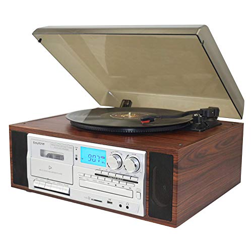  Boytone BT-38SM 蓝牙经典转盘唱片播放器系统、AM/FM 收音机、CD/盒式磁带播放器、2 个内置立体声扬声器、从黑胶唱片、收音机和盒式磁带录制到 MP3、SD...