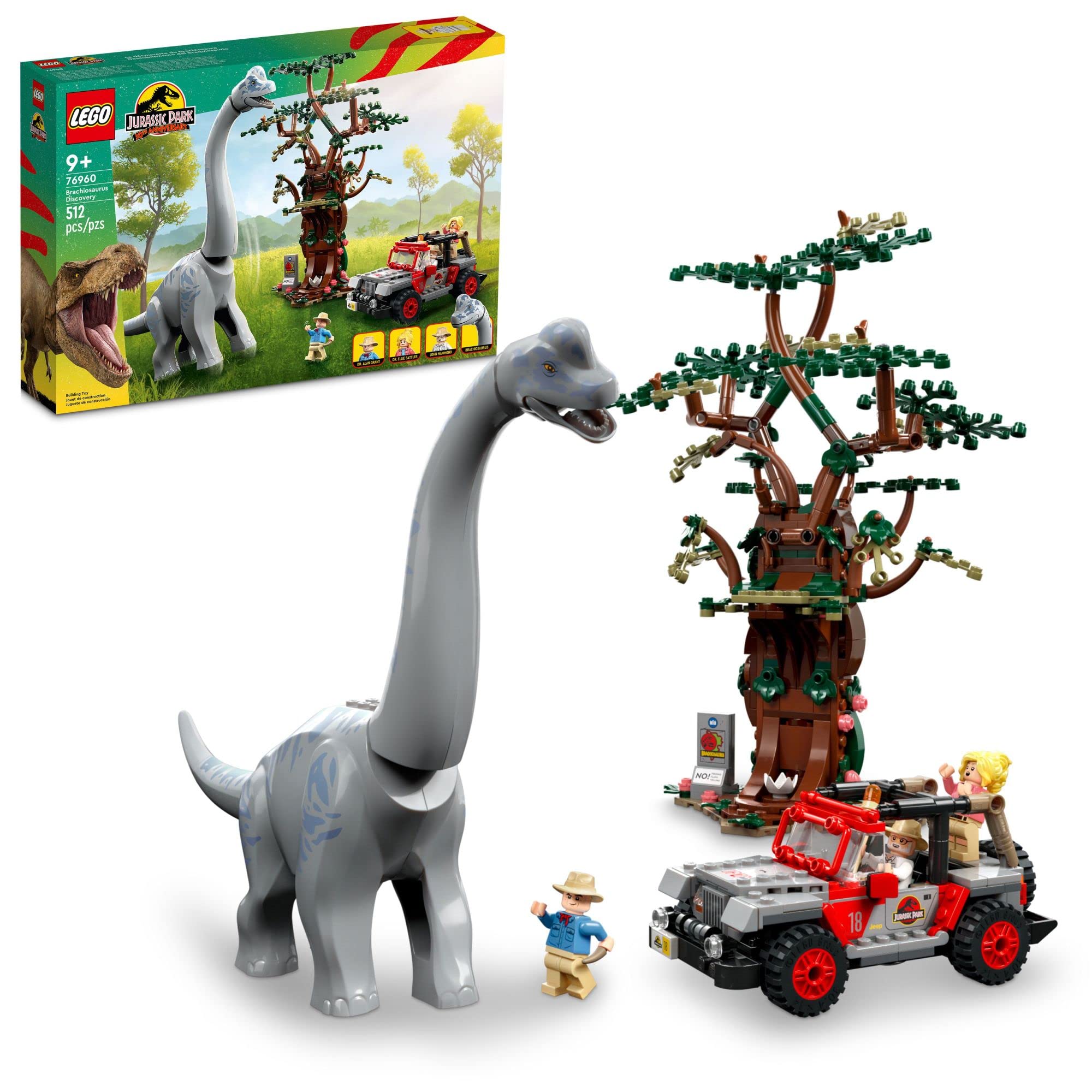 LEGO 侏罗纪世界腕龙探索 76960 侏罗纪公园 30 周年恐龙玩具；以大型恐龙人物和积木搭建的吉普牧马人汽车玩具为特色；给 9 岁以上儿童的有趣礼物创意
