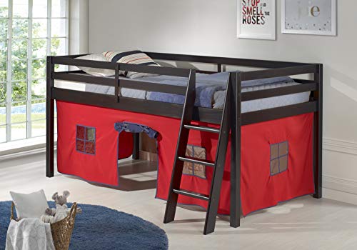 Alaterre 家具 Roxy Pine 双人小型阁楼床，浓缩咖啡色，带红色和蓝色帐篷...