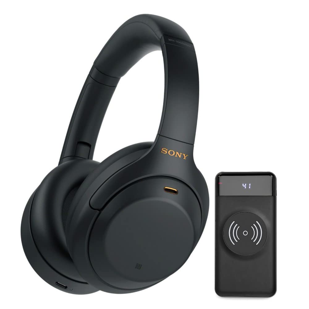 Sony WH-1000XM4 无线蓝牙降噪头戴式耳机（黑色）套装含 10000mAh 超便携 LED 显示屏无线快充电池组（2 件）