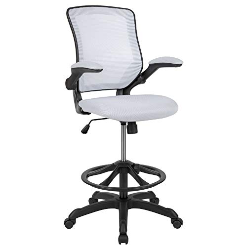 Flash Furniture 具有可调节脚环和上翻臂的中背白色网布人体工学绘图椅...