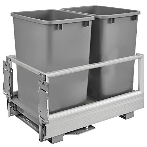 Rev-A-Shelf 5149-18DM-217 22 x 14.2 x 19.5 英寸双 35 夸脱拉出式厨柜废物容器存储带垃圾桶、铁丝篮和 Rev-A-Motion，银色