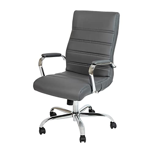 Flash Furniture 高背办公桌椅 - 灰色 LeatherSoft 行政旋转办公椅，带镀铬框架 - 旋转扶手椅