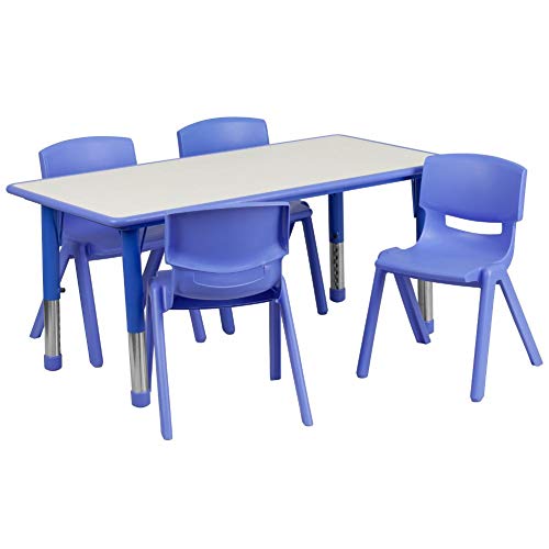 Flash Furniture 23.625英寸（宽）x 47.25英寸（长）的矩形蓝色塑料高度可调活动桌，带4个椅子