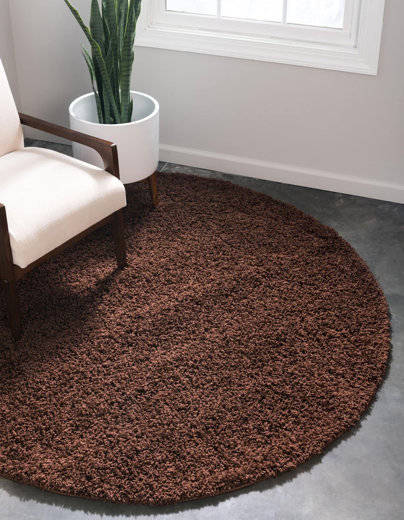 Unique Loom 纯色粗毛收集小地毯（8 英尺圆形，巧克力棕色）