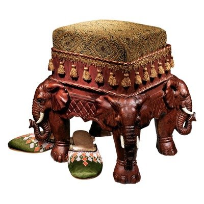 Design Toscano Maharajah Elephants 印度装饰软垫脚凳，13 英寸，木色...