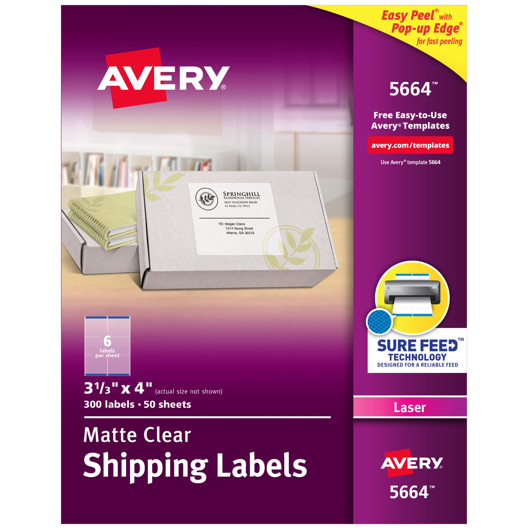 Avery 适用于激光打印机的哑光磨砂透明地址标签，3-1/3'' x 4''，300 张标签 (5664)...