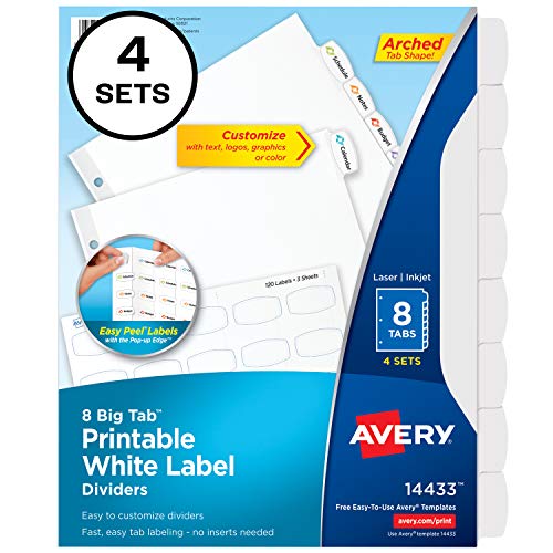 Avery 大标签可打印白色标签分隔器，易于剥离，8 个标签，4 套 (14433)...