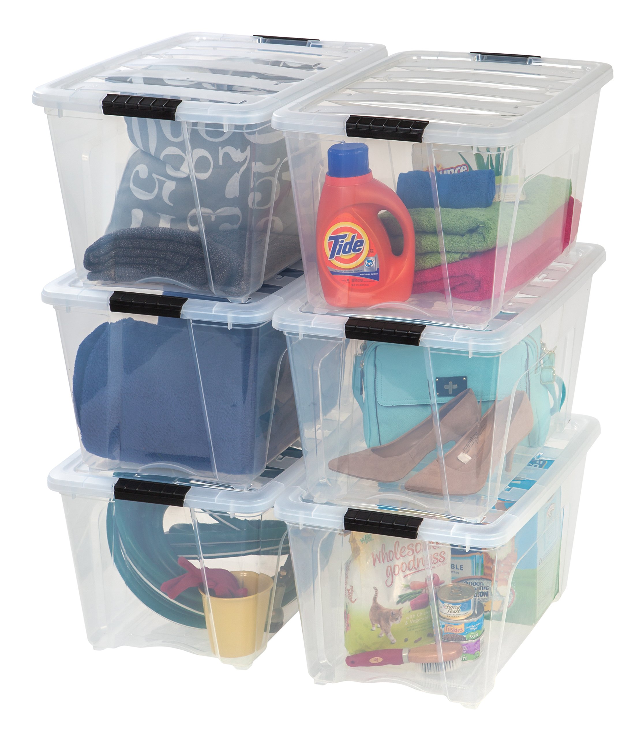 IRIS USA, Inc. IRIS USA 53 夸脱可堆叠塑料储物箱，带盖子和闩锁，6 件装 - 透明，带盖子和闩锁的容器，耐用可嵌套壁橱、车库、手提袋、浴缸盒整理