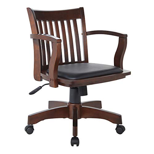 Office Star OSP 设计豪华木质银行家办公桌椅，带黑色乙烯基软垫座椅，果木