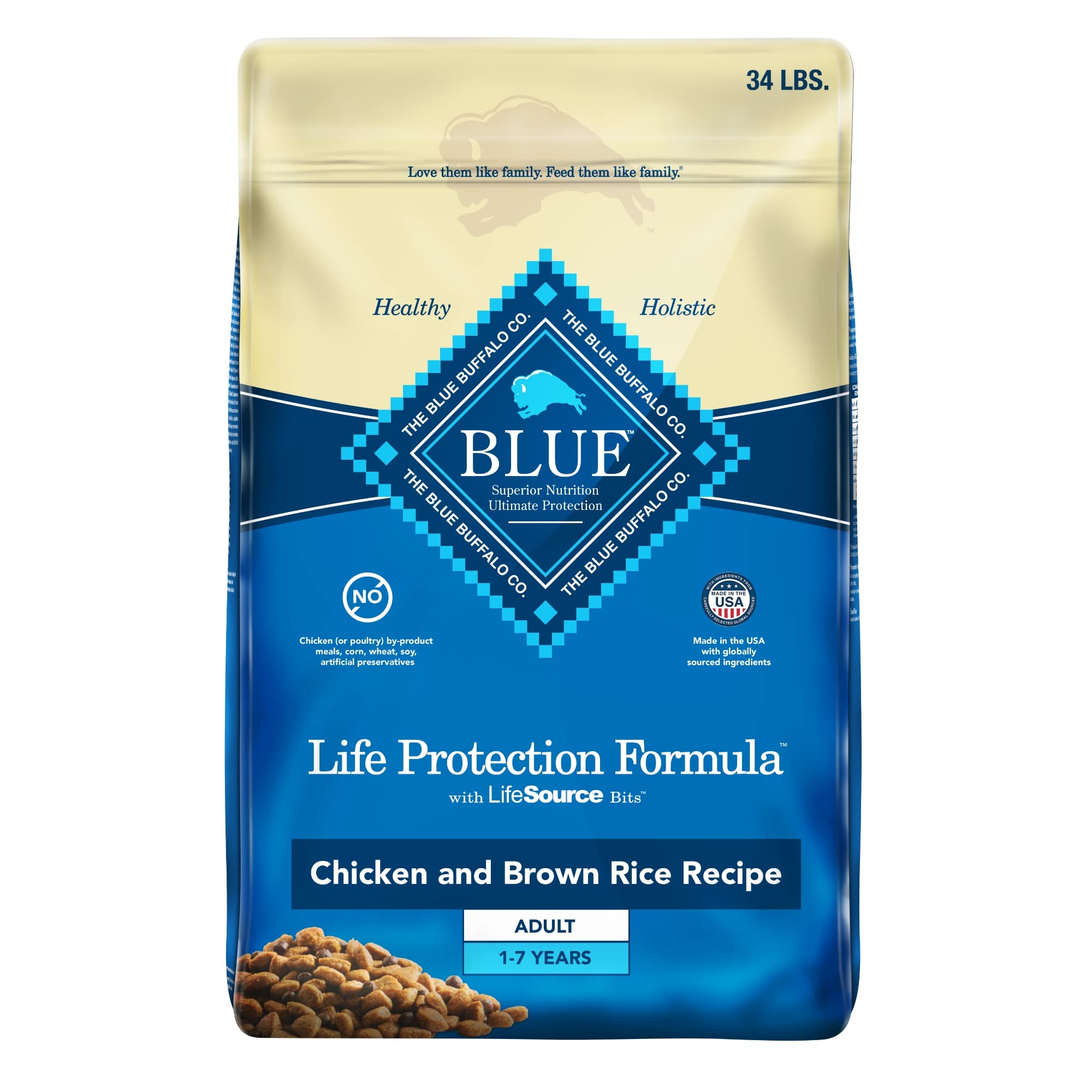 Blue Buffalo 狗粮，生命保护配方，天然鸡肉和糙米味，成人干狗粮，34 磅袋装...