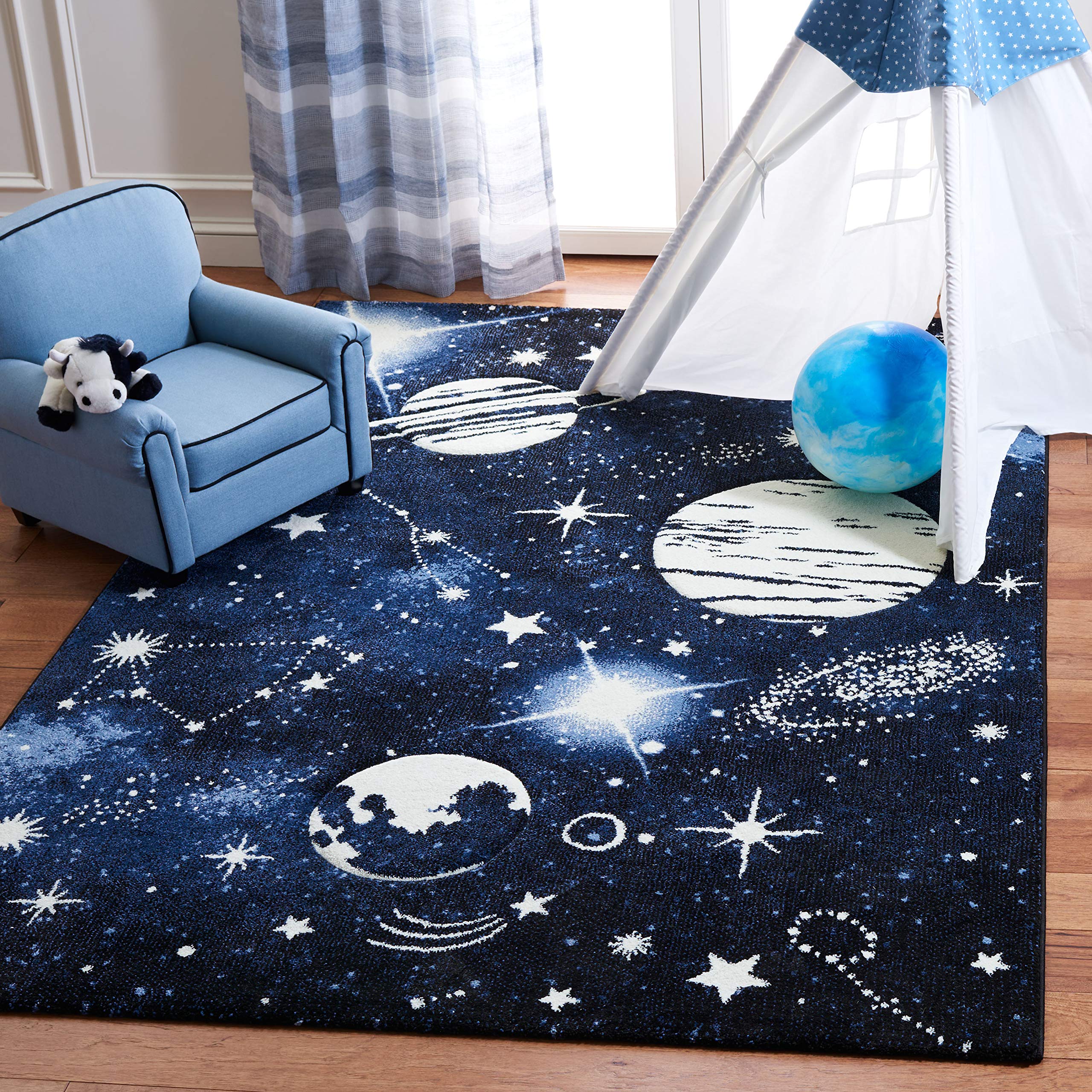 Safavieh Carousel 儿童系列 5'3' 方形深蓝色/浅蓝色 CRK122M 外太空地毯