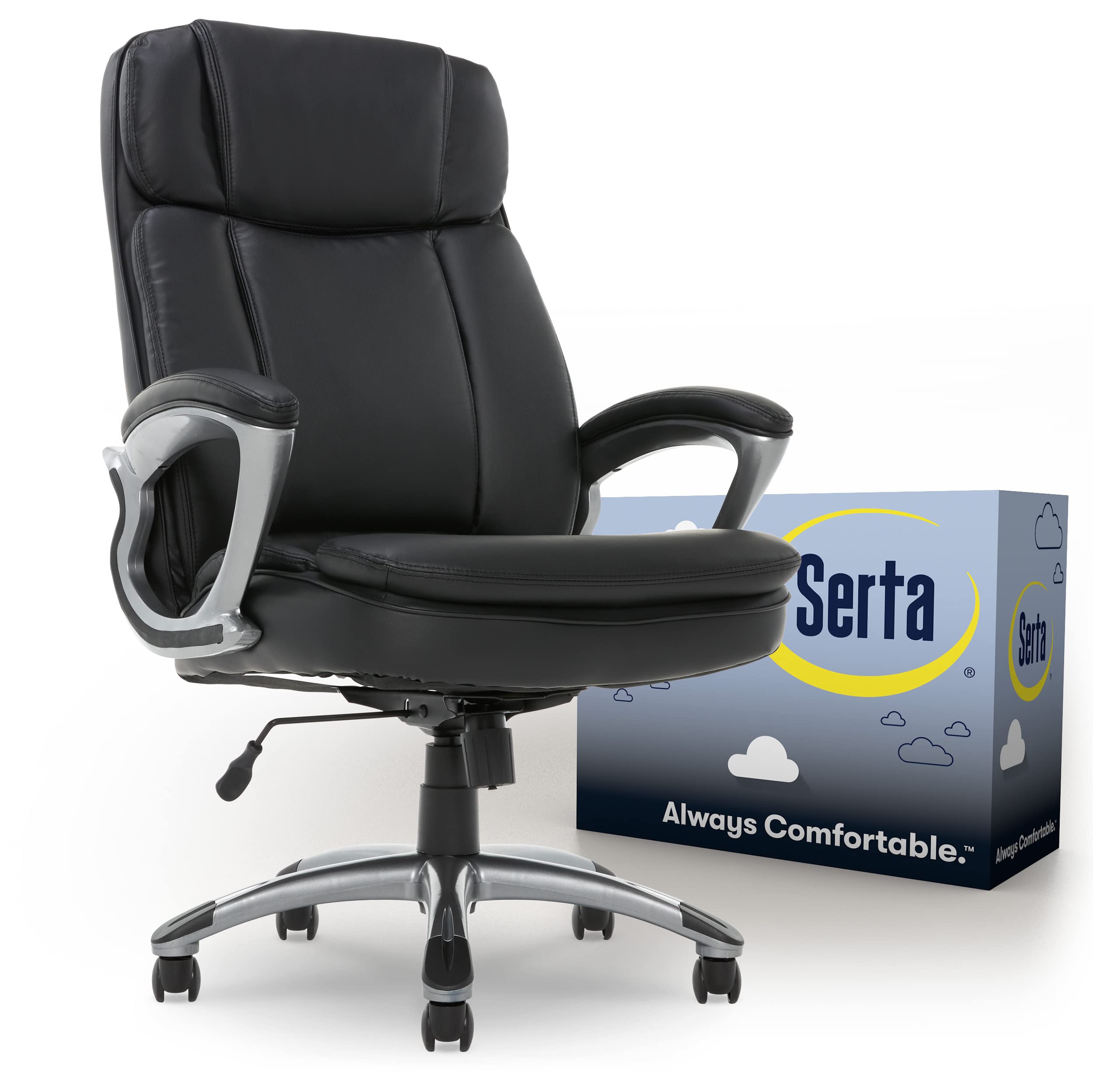 Serta 皮革大高行政办公椅高靠背全天舒适符合人体工程学的腰部支撑，粘合皮革
