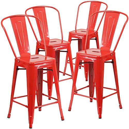 Flash Furniture 商业级4件装24'高红色金属室内外柜台高凳，可移动背