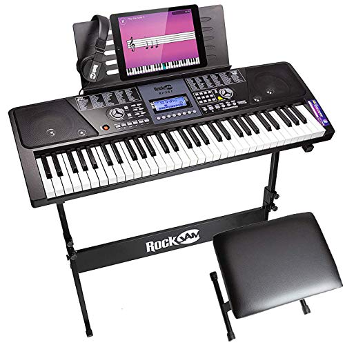 RockJam 61 键键盘钢琴，带 LCD 显示屏套件、键盘支架、钢琴凳、耳机、Simply Piano 应用程序和主题贴纸