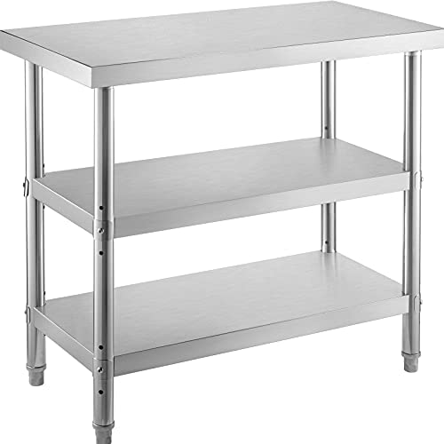 VEVOR 不锈钢准备桌，48 x 18 x 34 英寸，550 磅负载能力重型金属工作台，带可调节底架，厨房餐厅车库后院商用工作站