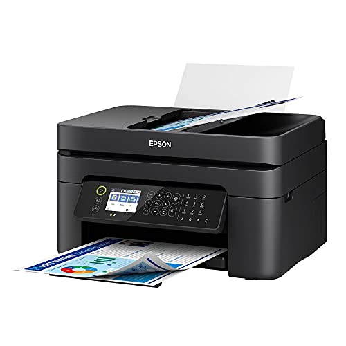Epson Workforce WF-2850 一体式无线彩色喷墨打印机，黑色 - 打印 扫描 复印 传真 - 10 ppm，5760 x 1440 dpi，自动双面打印，30 页 ADF，声控，Vertluna Printer_Cable