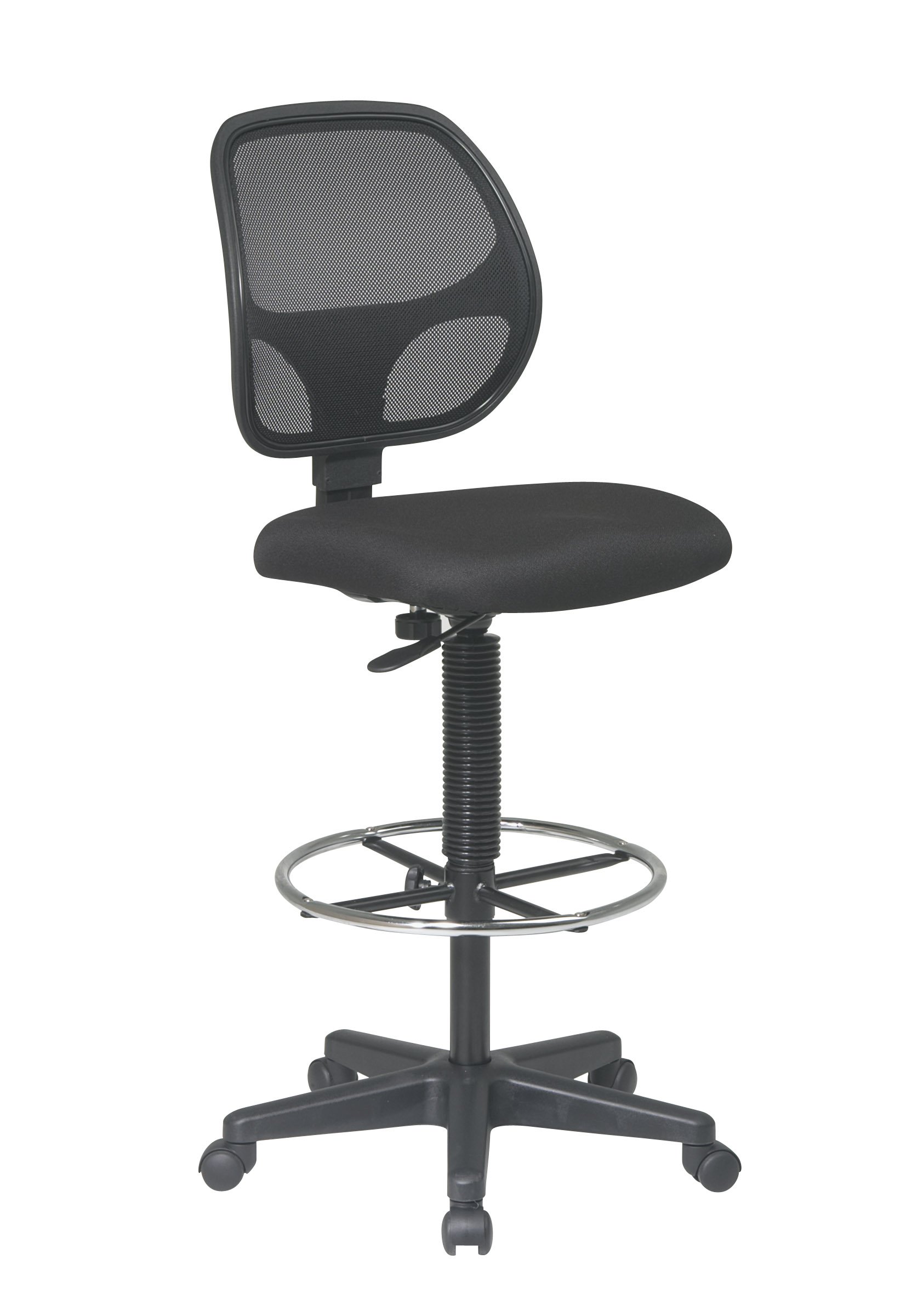 Office Star DC 系列豪华透气网背人体工学绘图椅，带腰部支撑和可调节脚圈，黑色面料