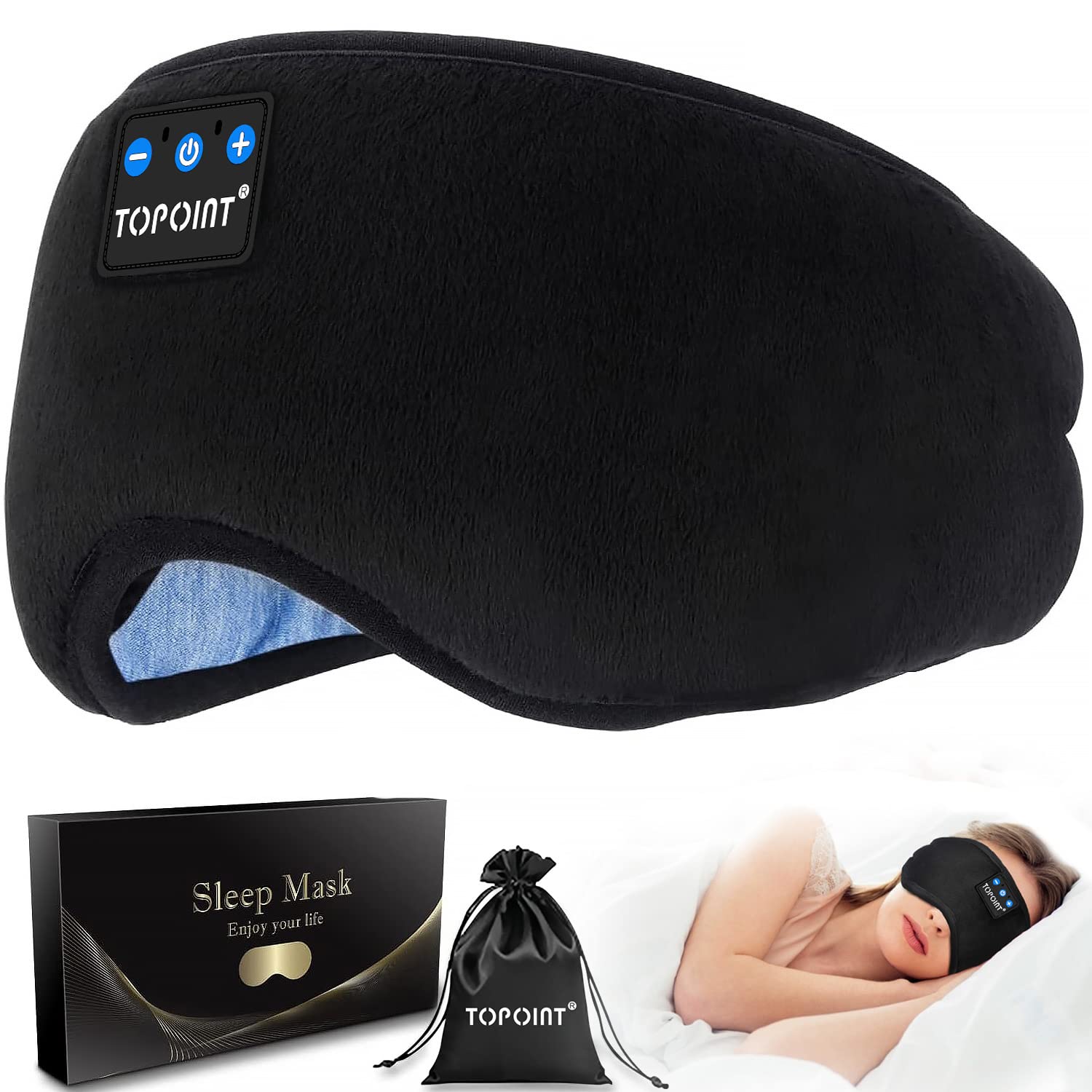 TOPOINT 蓝牙睡眠眼罩无线耳机，睡眠眼罩旅行音乐耳机带麦克风免提，适合侧睡者的睡眠耳机男士女士礼物（黑色）