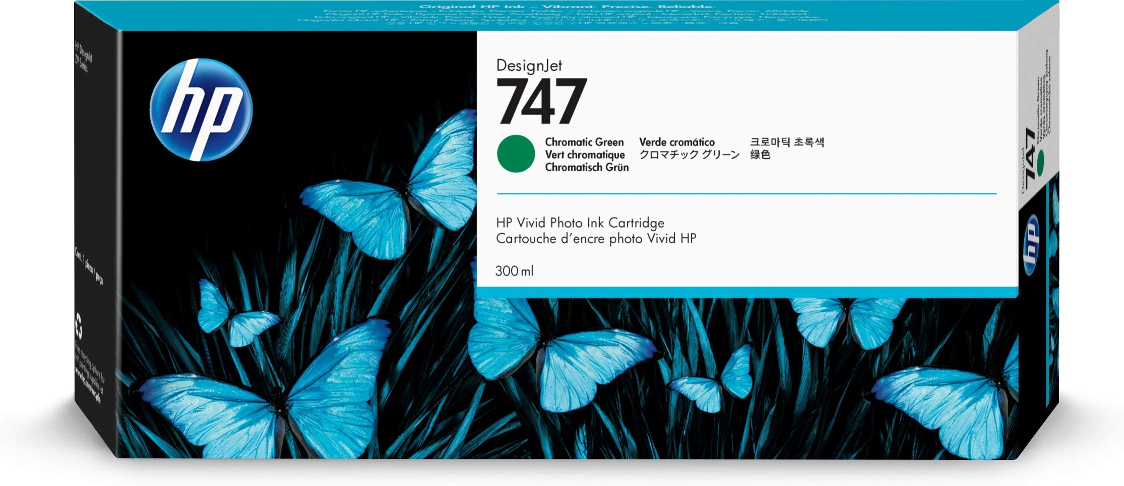 HP 适用于 DesignJet Z9+ 大幅面打印机的 747 彩色绿色 300 毫升原装墨盒 (P2V84...