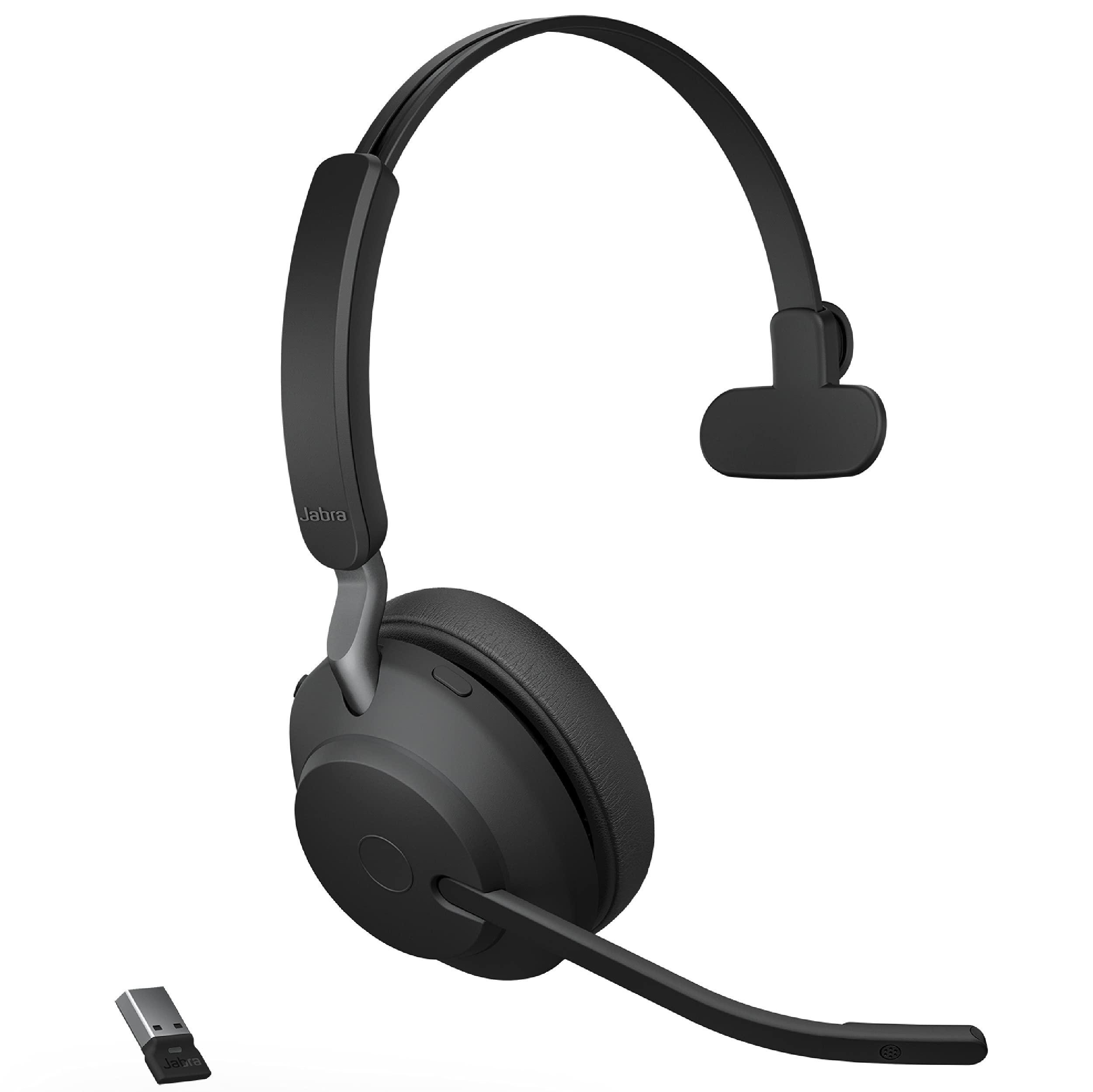Jabra Evolve2 65 UC 无线耳机，带 Link380a，单声道，黑色无线蓝牙耳机，适合通话和音乐，电池续航时间为 37 小时，被动降噪耳机