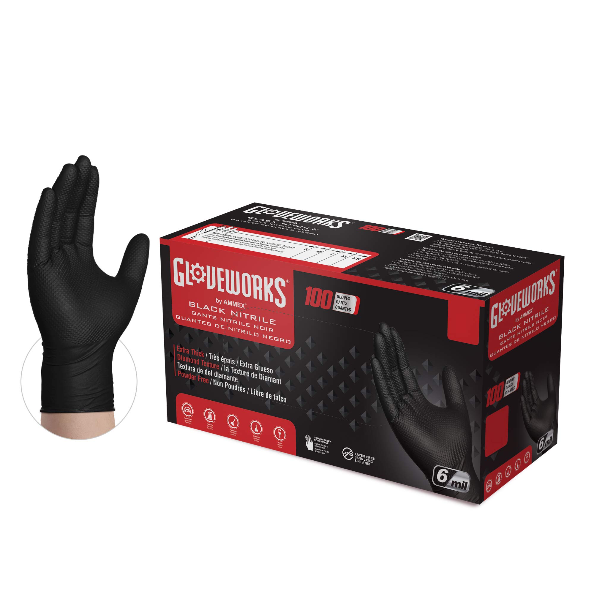 GLOVEWORKS HD 黑色丁腈工业一次性手套，6 密耳，乳胶和无粉，食品安全，凸纹钻石纹理