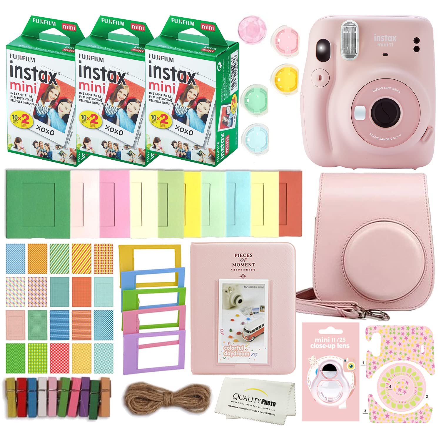 Fujifilm Instax Mini 11 拍立得相机带保护套、60 张富士胶片、装饰贴纸、相框、相册等配件套件