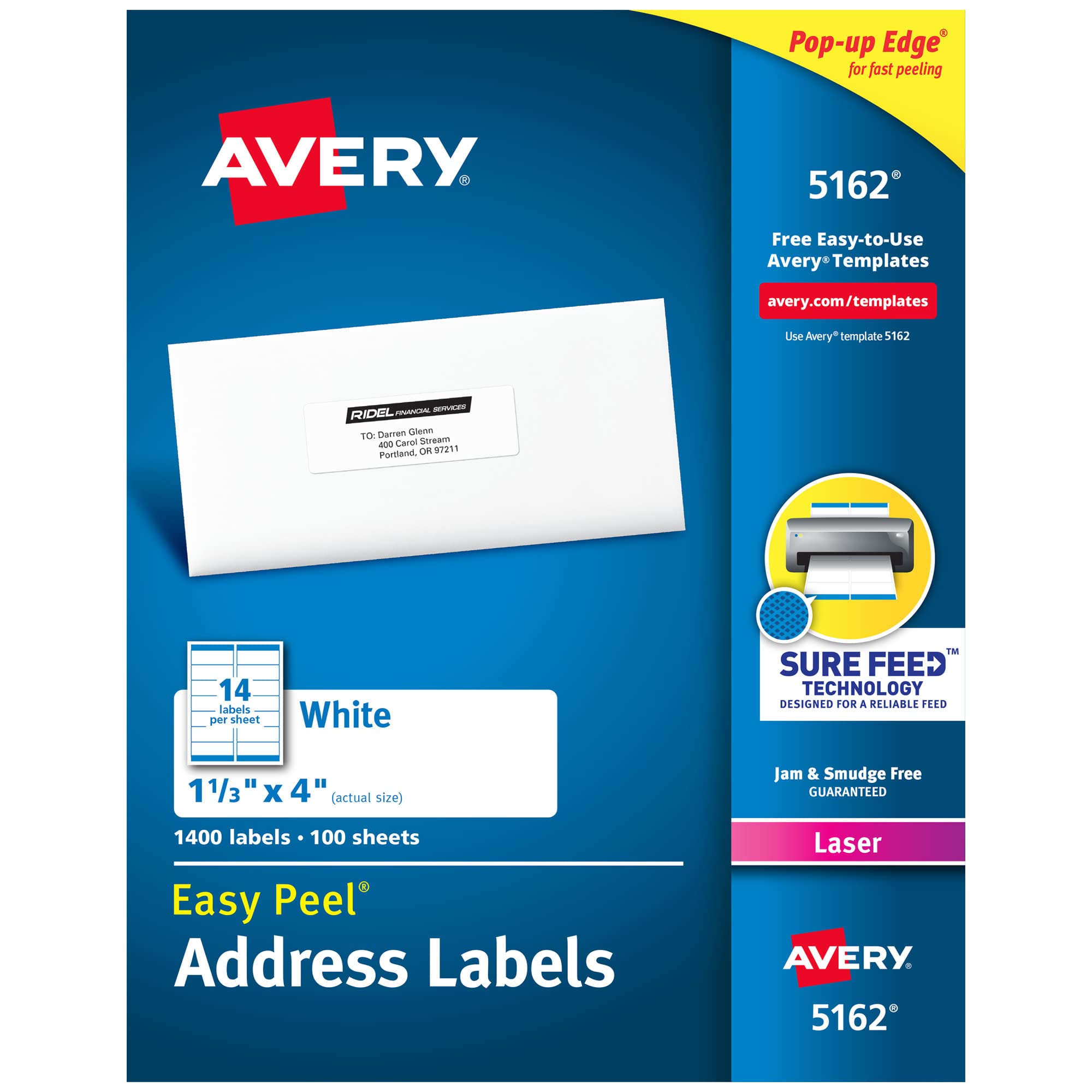 Avery 适用于激光打印机的易剥离地址标签 1-1/3'' x 4''...