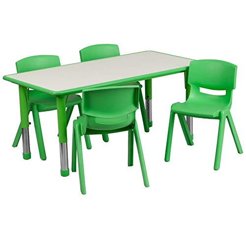 Flash Furniture 23.625英寸（宽）x 47.25英寸（长）的矩形绿色塑料可调节高度活动桌，带4个椅子