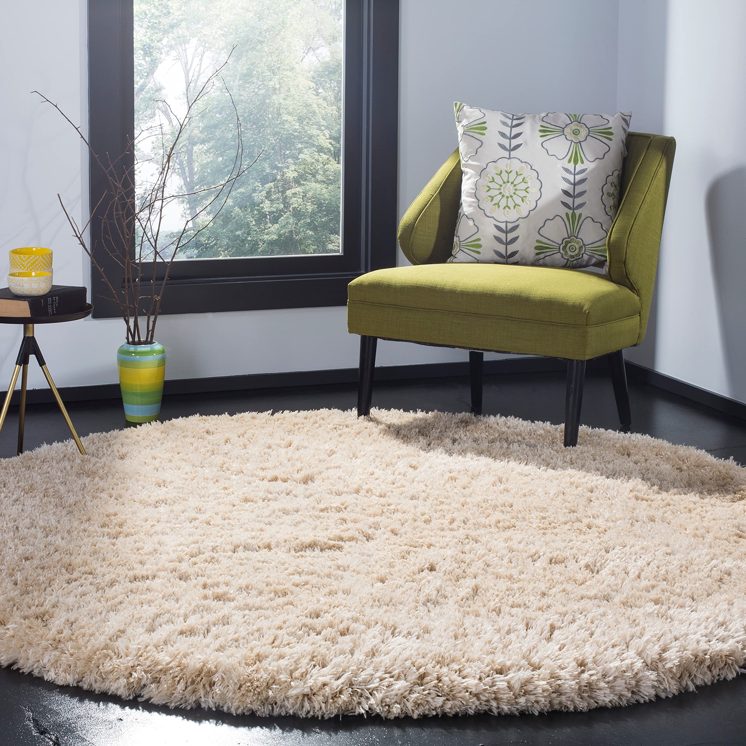 Safavieh Polar Shag 系列小地毯 - 4 英寸圆形，浅米色，纯色迷人设计，不脱落且易于护理，3 英寸厚，非常适合客厅、卧室中人流较多的区域 (PSG800A)
