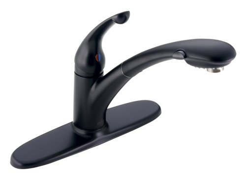 Delta Faucet 特色单把手厨房水槽龙头，带拉出式喷雾器，哑光黑色470-BL-DST，9.00 x 10.75 x 9.00英寸