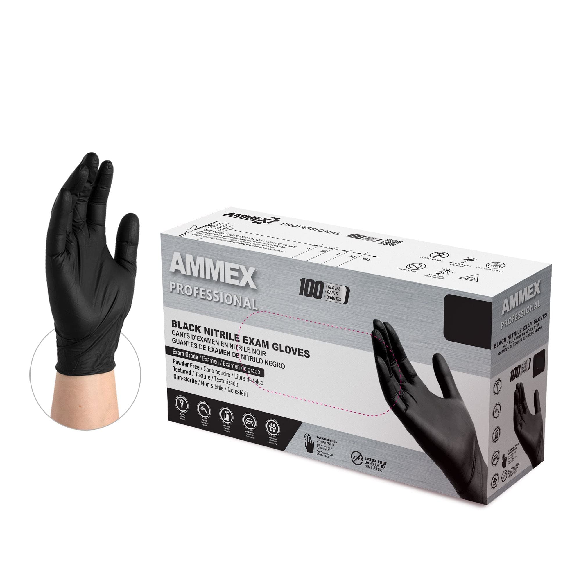 Ammex 黑色医用/检查一次性丁腈手套不含乳胶、无粉...