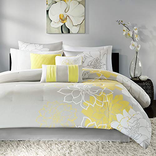 Madison Park Lola Sateen 棉被套装 - 休闲徽章花卉设计全季羽绒替代床上用品、枕套、床裙、装饰枕头，Cal King（104'x92'），灰色/黄色，7 件套
