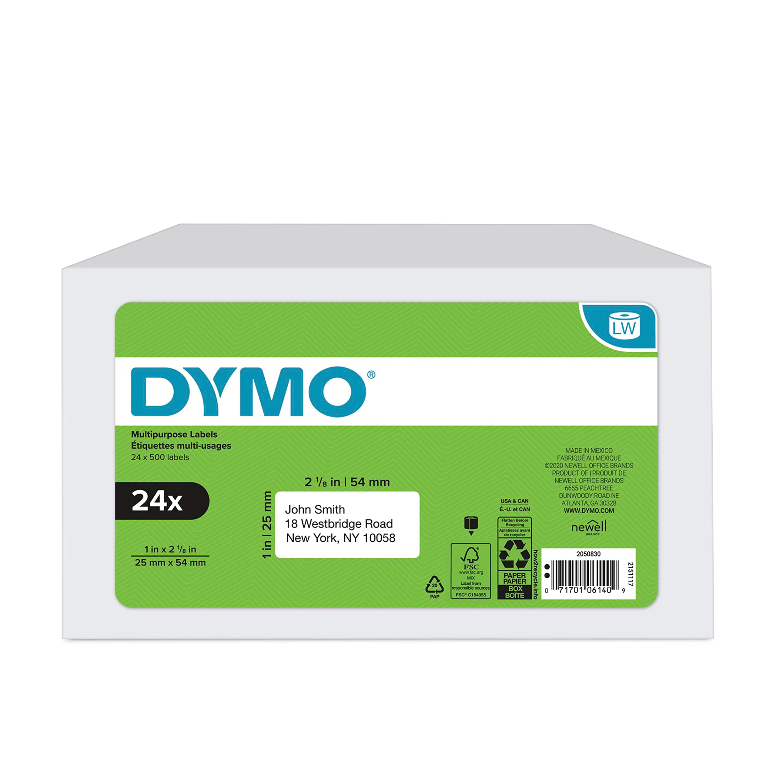 DYMO 正品 LabelWriter 多功能标签，适用于 LabelWriter 标签打印机，白色，1'' x 2-1/8'' (30336)，24 卷，每卷 500 张