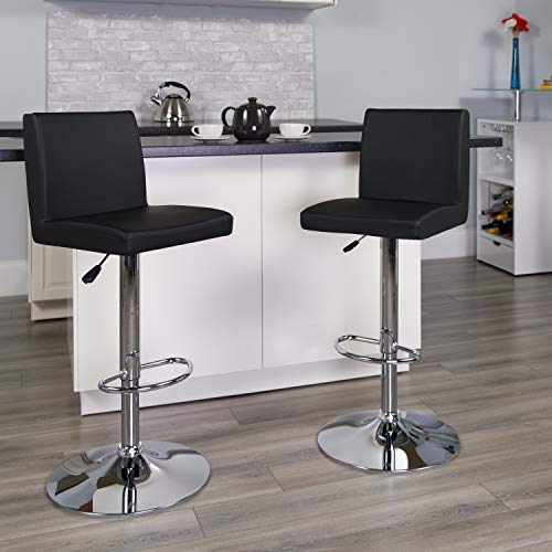 Flash Furniture 2 件装现代黑色乙烯基可调节高度吧凳，带面板背面和镀铬底座...