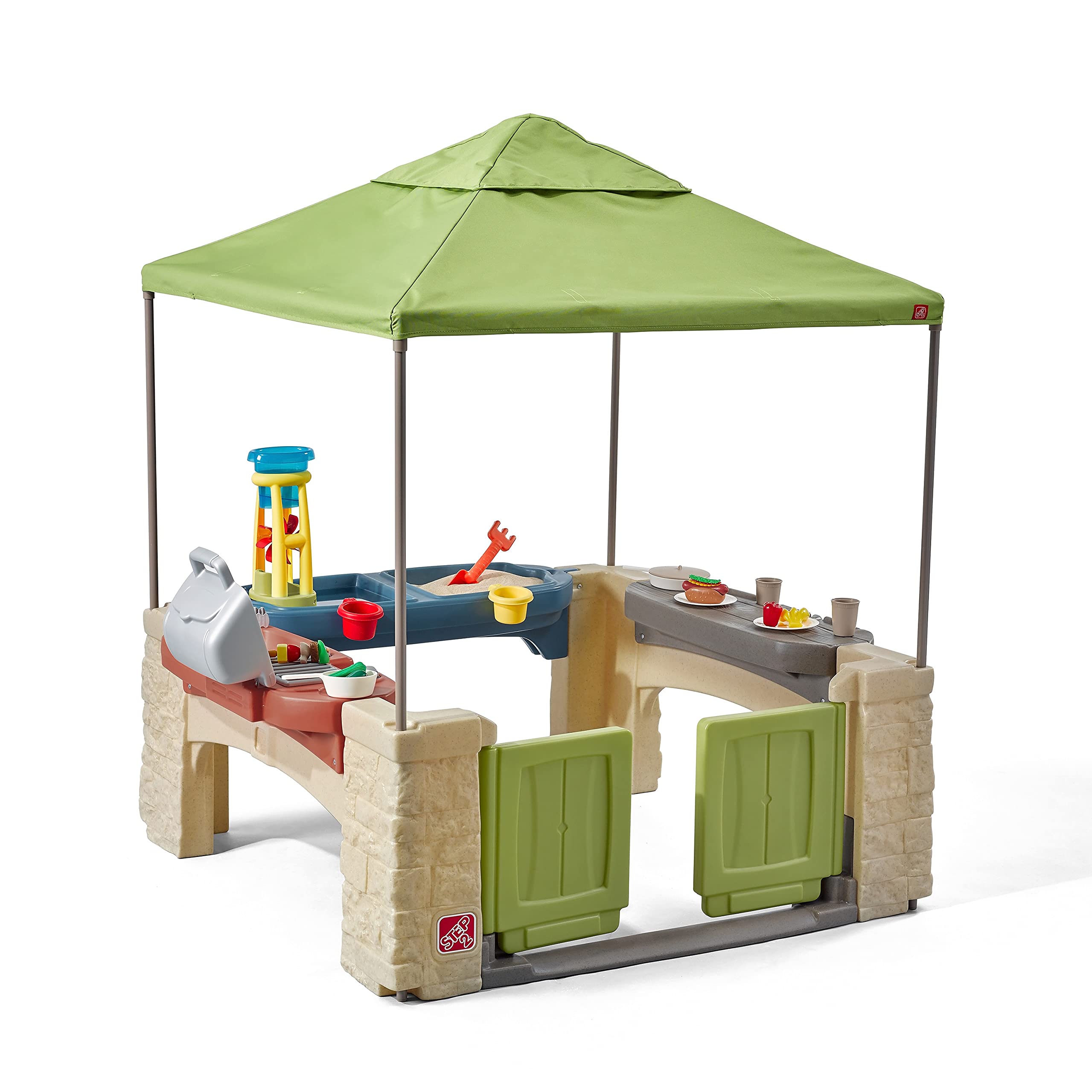  Step2 带天篷玩具套装的全方位游戏天井 适合儿童的阴凉户外游戏屋，具有逼真的互动功能，可供多个幼儿玩耍的空间 尺寸：60 英寸高 x 47.5 英寸宽 x 47.5...
