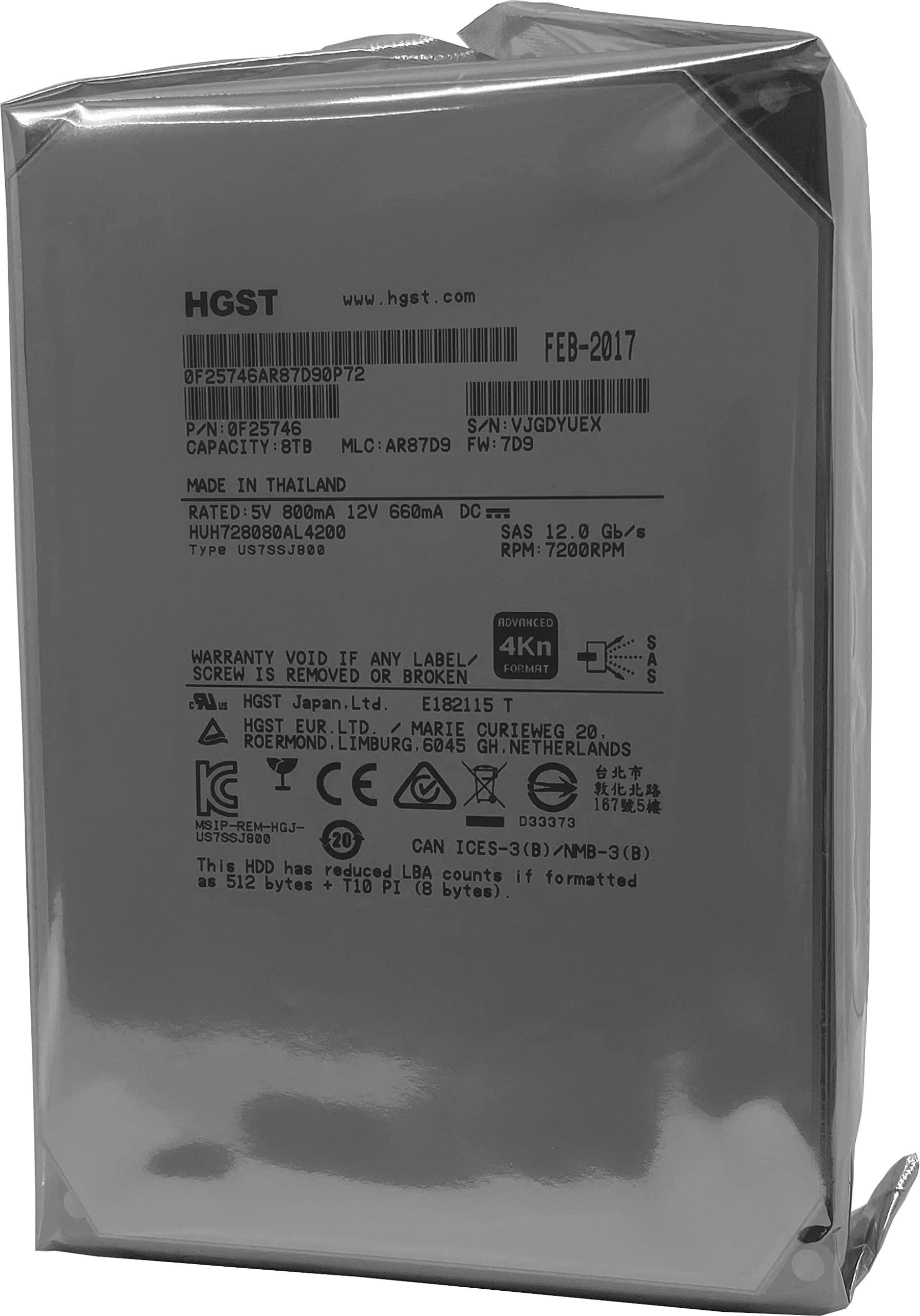 HGST HUH728080AL4200 3.5' 8TB SAS 12Gb/s 7.2K RPM 128M 0F23651 4Kn ISE 企业硬盘