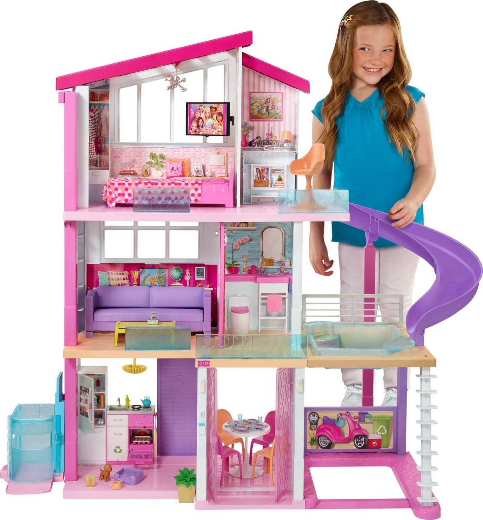 Barbie DreamHouse 玩具屋配有 70 多种配件、工作电梯和滑梯、变形家具、灯光和声音（亚马逊独家）