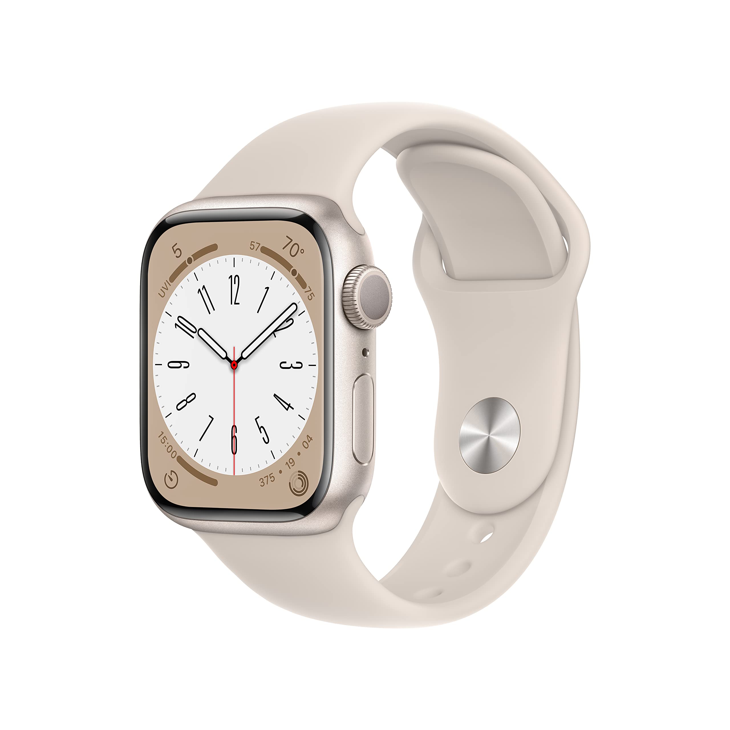 Apple 手表系列 8 [GPS 41 毫米] 智能手表，带星光铝制表壳和星光运动表带 - M/L。健身追踪...
