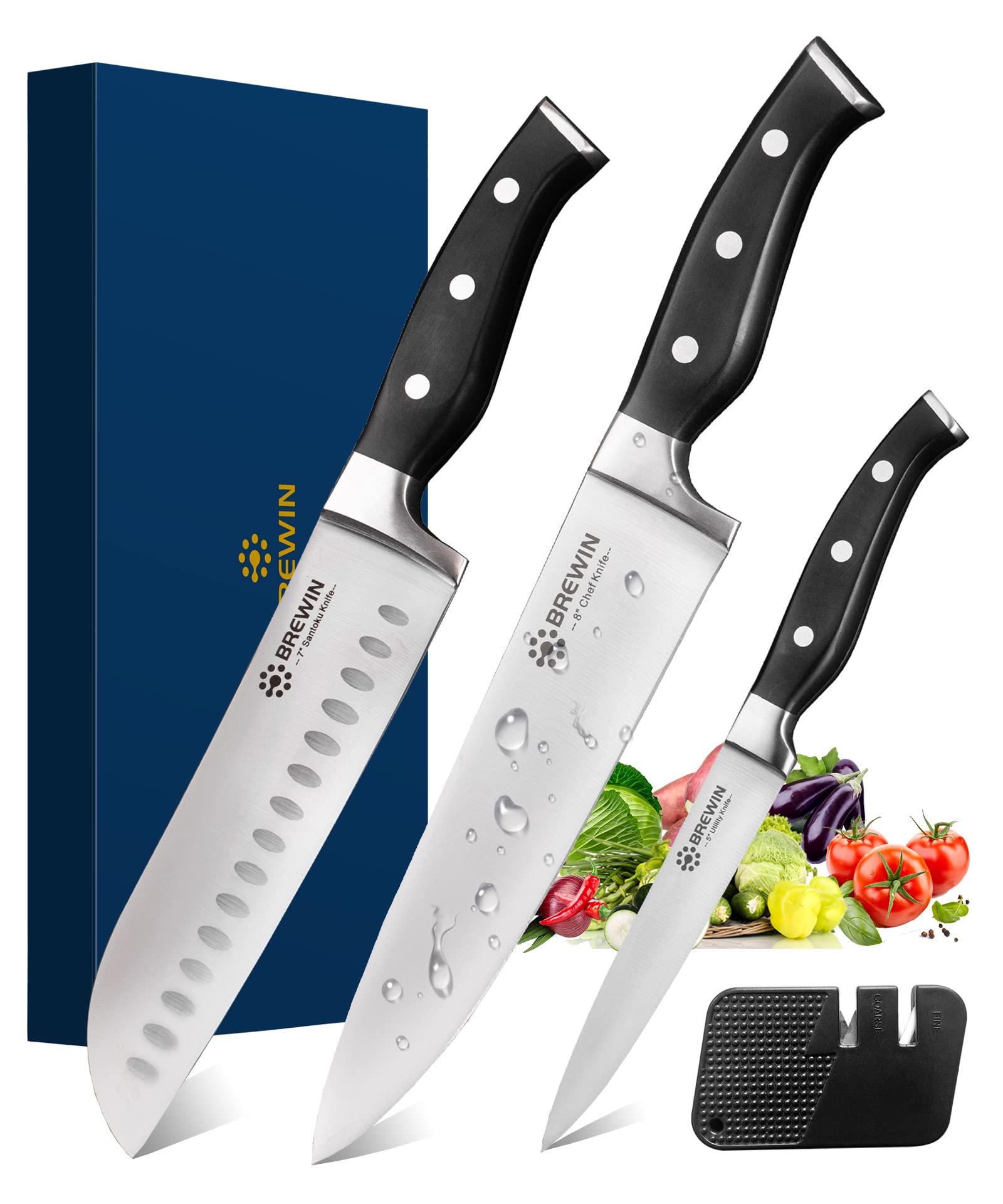 Brewin 专业菜刀，3 件套厨师刀套装厨房锋利刀具雕刻套装高碳不锈钢日本烹饪刀带礼盒